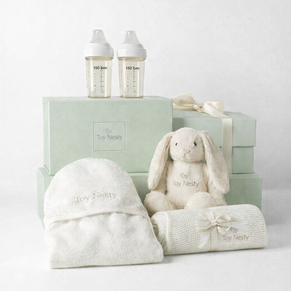 Toy Nesty® Baby Gift Set with Bunny, Hooded Towel, Blanket & Bottles